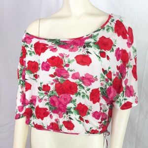 Forever 21 red pink floral off the shoulder cropped T-shirt Festival Y2K Party